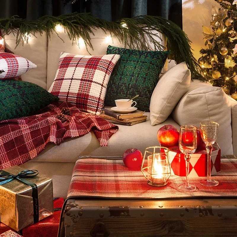 Red Green Christmas Plaid Weave Cushion Cover Thick Crochet Pillowcase 45x45/30x50cm Christmas Decorative Throw Pillow Cover Y251105