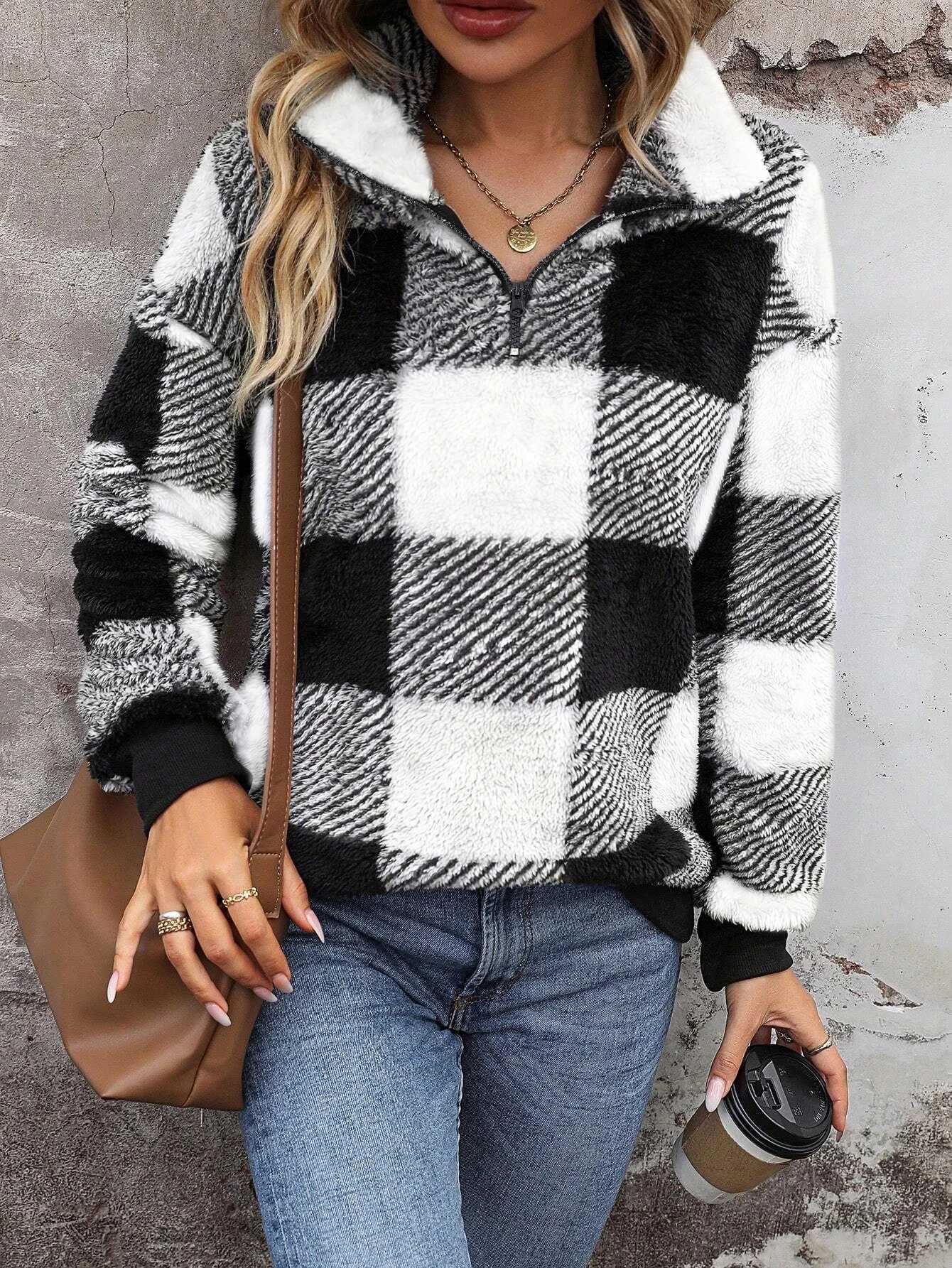 Womens Plaid Print Half Zip Drop Shoulder Fuzzy Sweatshirt Casual Long Sleeve Collared Pullover for Fall and WinterT251105