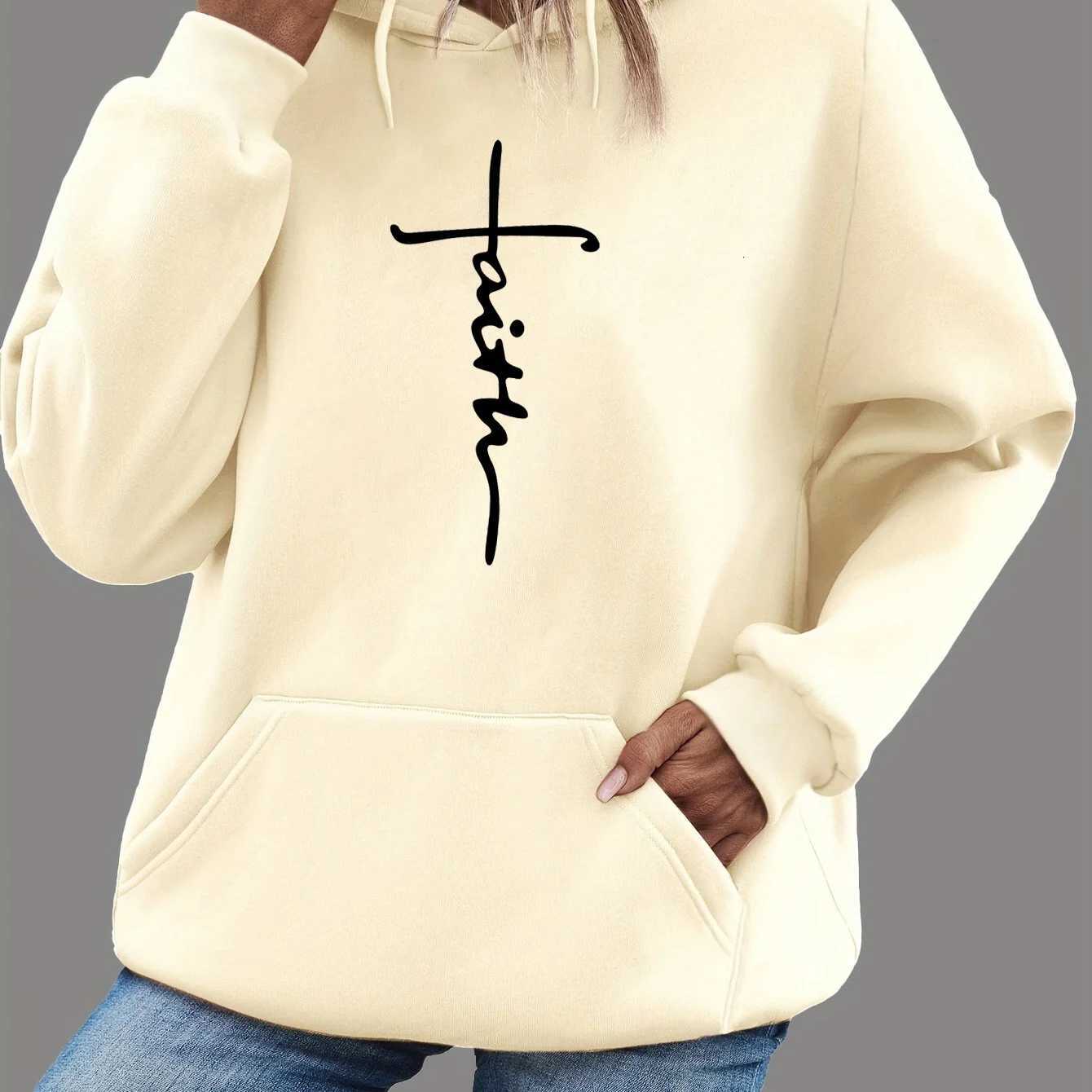Womens autumn and winter casual loose warm cross faith pattern printed suede long sleeved hooded sweatshirtT251105