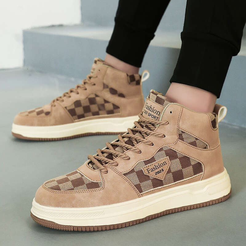 Autumn Student High Top Board Lace up Plaid Sports Men's Large Casual Canvas Shoes