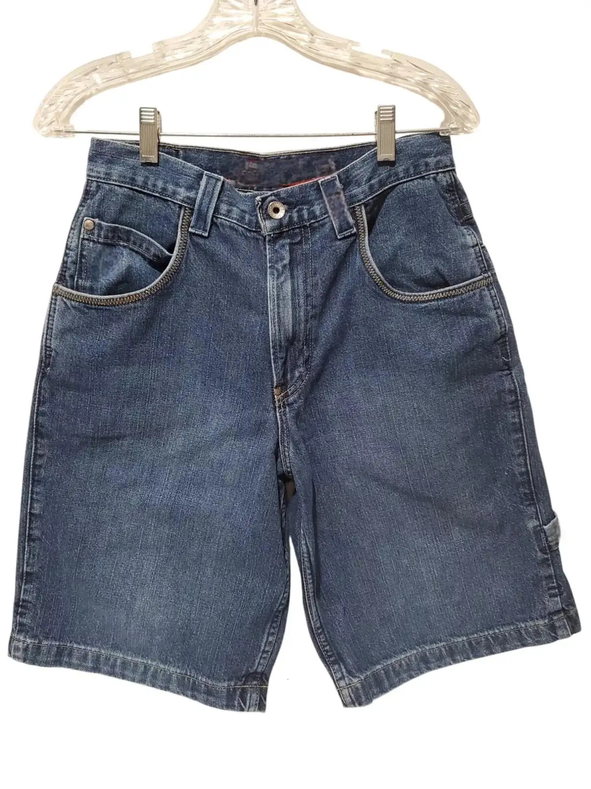 Y2K retro streetwear dragon pattern patch work denim shorts mens hip-hop blue loose Jorts fitness casual shorts 250403