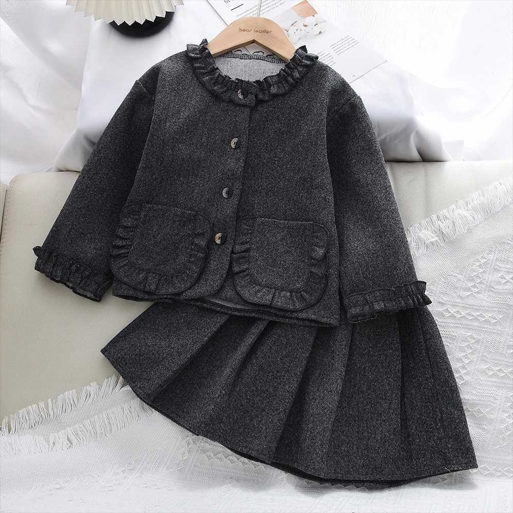 Korean Version Autumn Solid Color Girls Clothes Gray Long Sleeved Pocket JacketShort Skirt 3-7 Years Old Spring Childrens Set Y251105