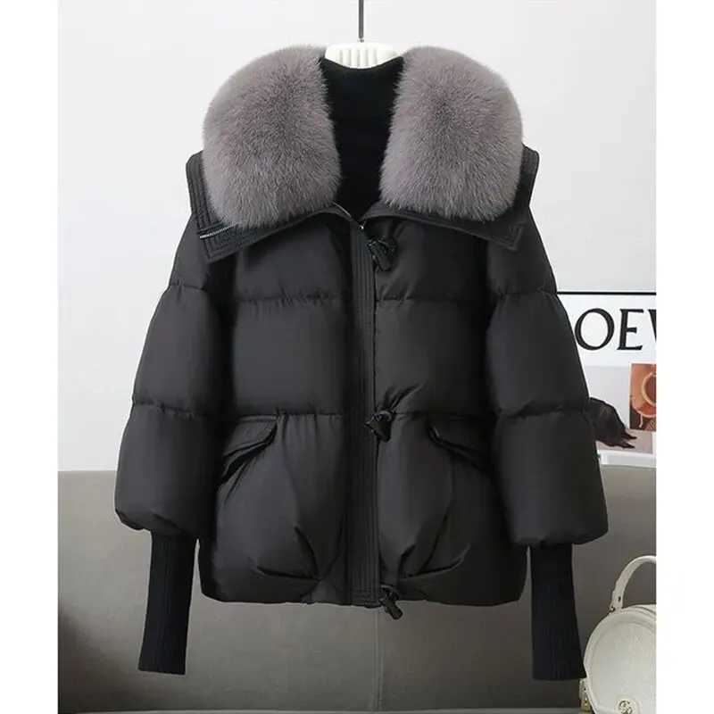 Winter New Fur Collar Puffer Down Parka Loose Down Warmer Thicken Snow Jacket Pocket Zipper Faux Fur Outerwear FemaleT251105