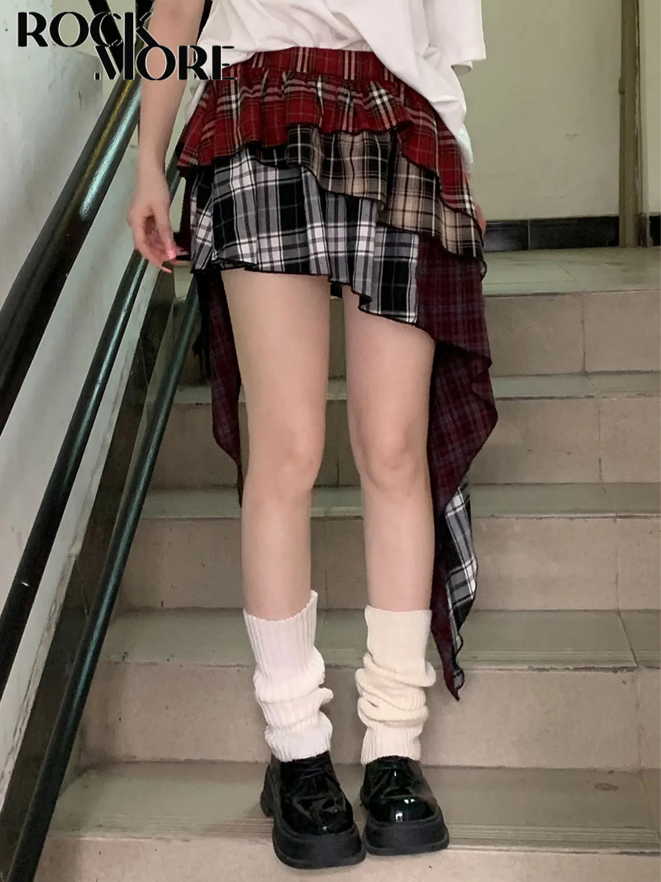 Rockmore Streetwear Patchwork Red Plaid Irregular Skirt Vintage Sexy Slim Mini Skirt Y2k 2000s Clothes Coquette Grunge Fairycore 250402