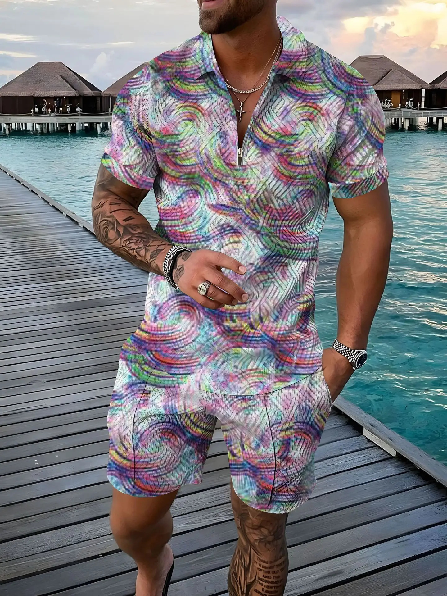 Retro Hawaiian Polo 2PCS Set 3D Printed Polo Shirt 2-piece Zipper Set Polo ShirtShorts Holiday Style Fashionable Mens Wear 250402