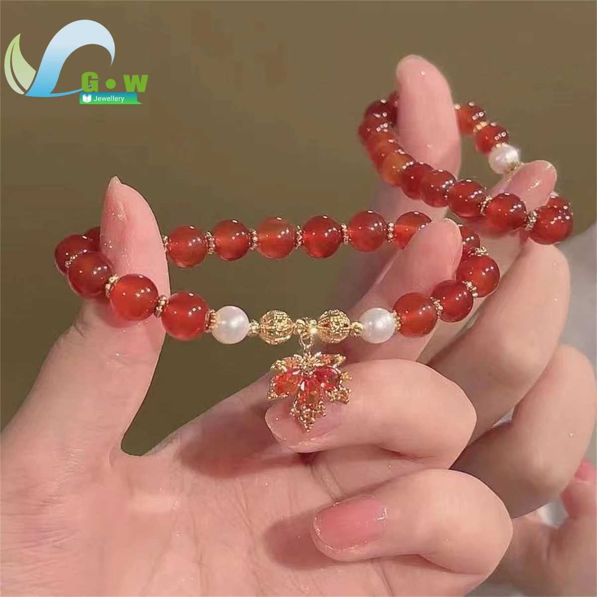 Red Crystal Beaded with Rhinestones MAPle Pendant - Retro Friendship Jewelry Gift for Women Girls Teens Fashion C251105