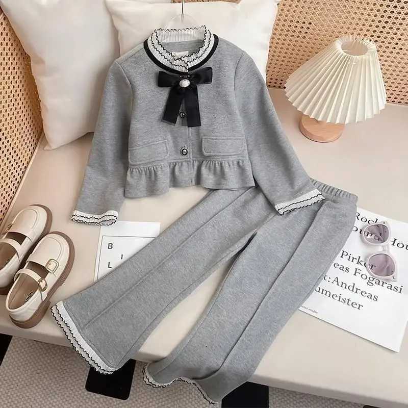 Childrens Clothing Sets Bowknot Lace Single-breasted Jacket Bell-bottoms 2pcs Girls Clothes Set 4 To 11 Years Baby Girl Outfit Y251105