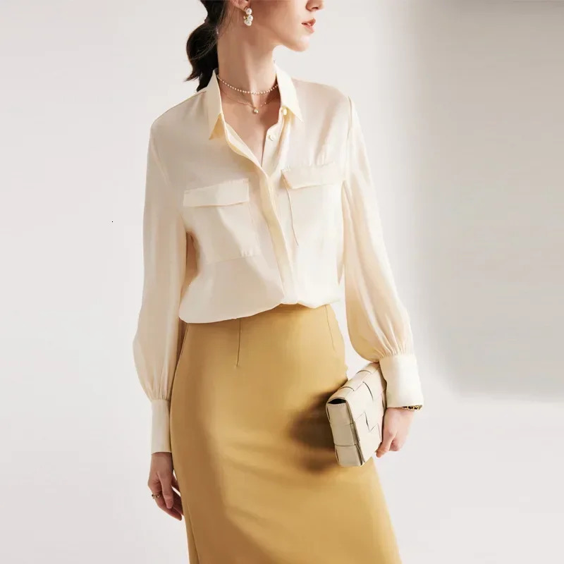 Real Silk Shirt Womens Spring and Summer Long-sleeved Commuting Solid Color Temperament Hangzhou 90% Mulberry Silk 250402