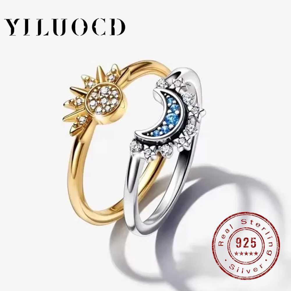 925 Silver Sun and Moon Couple Ring Set Sky Blue Sparkling Cubic Zirconia Rings Promise Fine Jewelry Gifts for Valentines Day Z250407