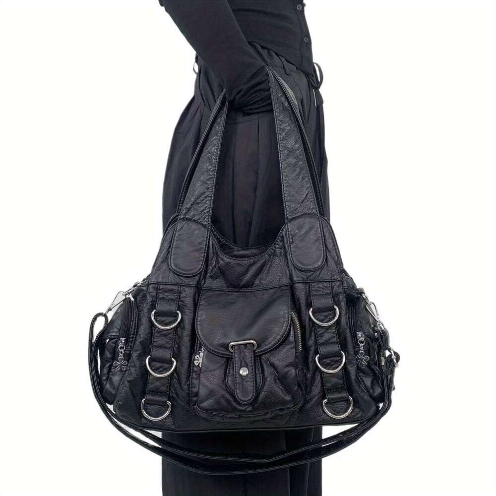 Women Retro Motorcycle Inspired Handbag Large Capacity Multi Pocket Crossbody With Detachable Strap, Golden Tone Hardware White