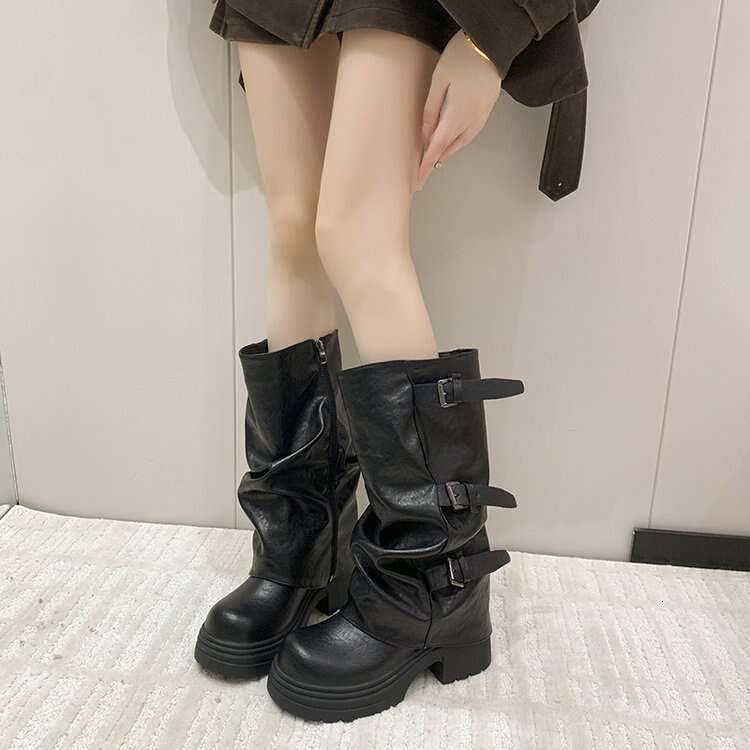 High Quality Fashion Two-Way Belt Buckle Cuff Short 2025 Autumn New Slimming Casual Slouchy Long Tube Riding Boots for Women Women's Leather Boot