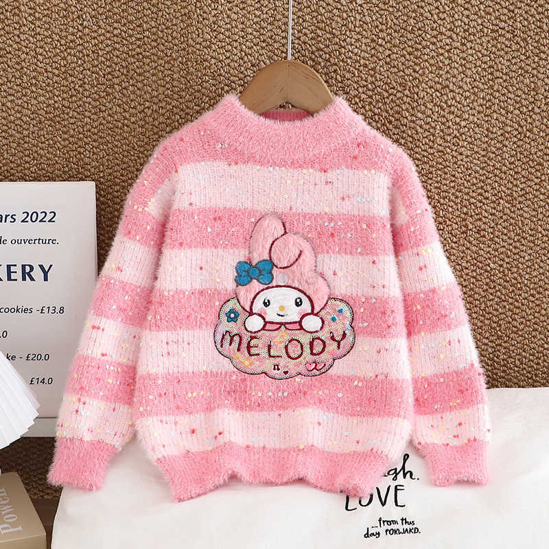 Sanrio Girls Sweater Autumn Winter 2024 New Childrens Cartoon Thickened Base Mink Knitwear Stylish Kuromi Colorful Dots H251105