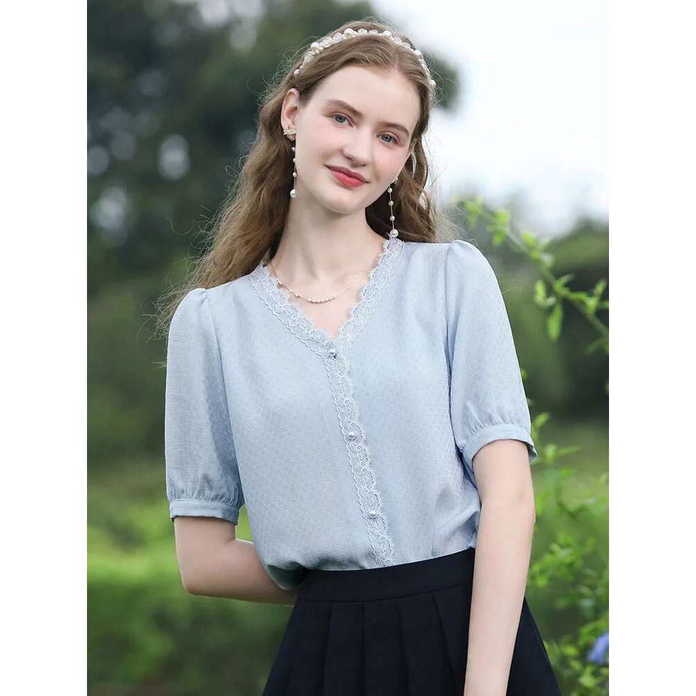 Chiffon Shirts For Women Summer Blue V-Neck Short-Sleeve New Temperament Classic Elegant Blouses