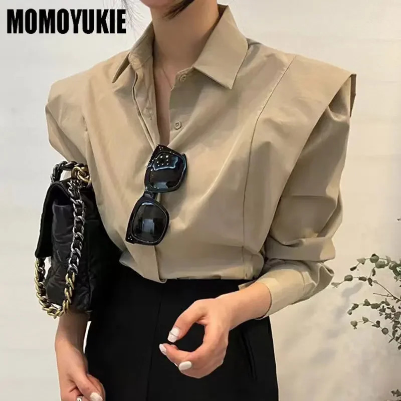 Loose long sleeved casual shirt for women solid and warm. Korean spring retro simple polo button board with ruffled edges 250402