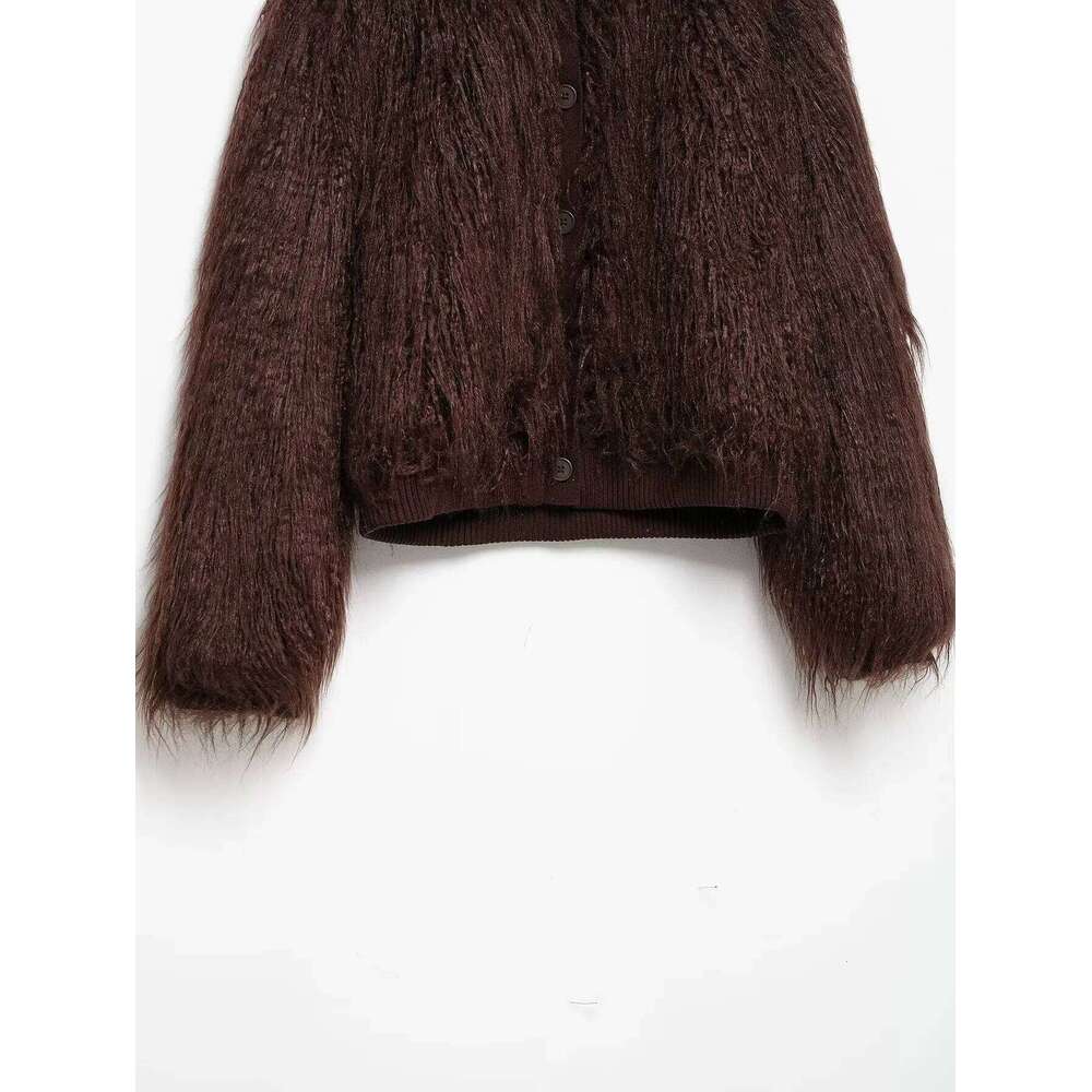 KONDALA Chic Brown Faux Leather Flurry Women Long Sleeve Vintage Party Outwear Luxurious Fashion Spring Jacket