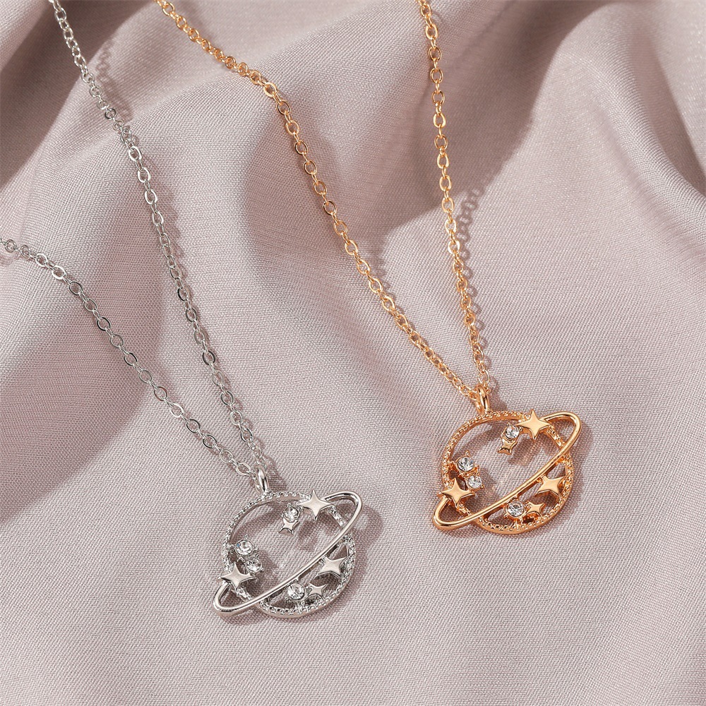 Korean Version New Fashion Hollow Planet Necklace Same Style Collarbone Simple Zircon Small Universe Set Chain