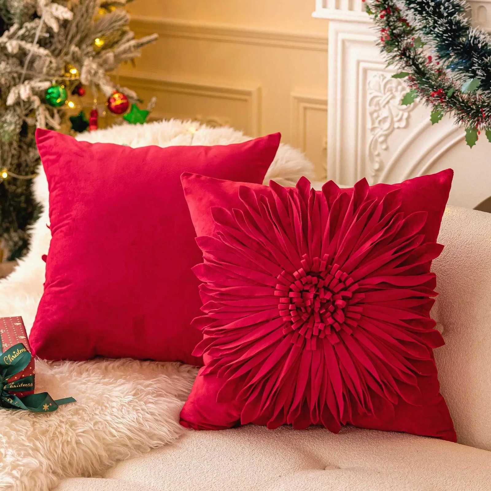 Light Luxury Christmas Plaid Sofa Pillow Cover Cojines Polyester Three-Dimensional Flower Red Throw Pillow Cushion Cover 45x45cm Y251105
