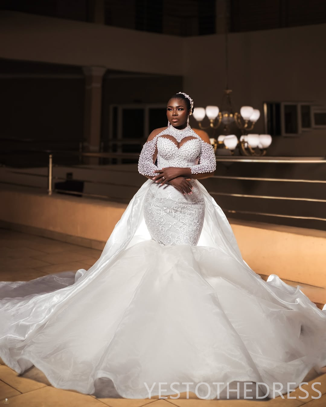 2026 Luxurious Mermaid Wedding Dress For Bride Bridal Gowns Pearls High Neck Detachable Train Appliqued Beaded Lace Crystals Wedding Gowns for Black W