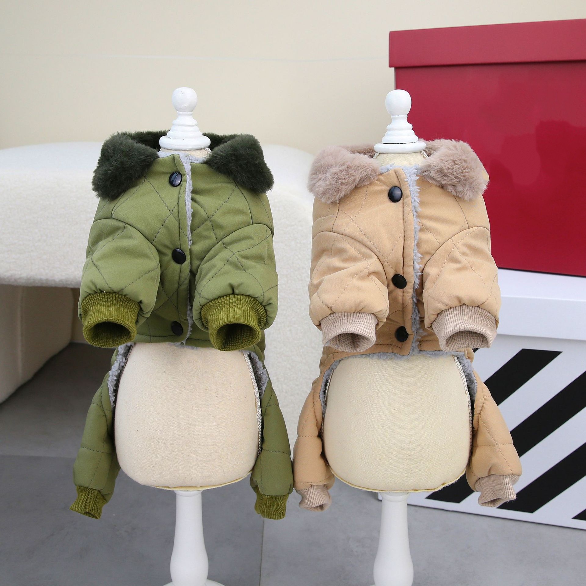 Quilted Faux Fur Collar Pet Winter Coat, Warm Padded Jumpsuit for Small Dogs, Stylish Diamond Pattern Outfit, Leash D-Ring Design, Perfect for Puppies