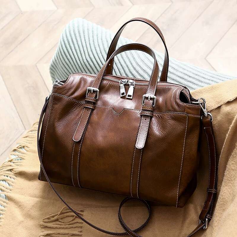 WOONAM Grain Genuine Calf Leather Bag Office Lady Large Boston Top Handle Shoulder Handbag WB695