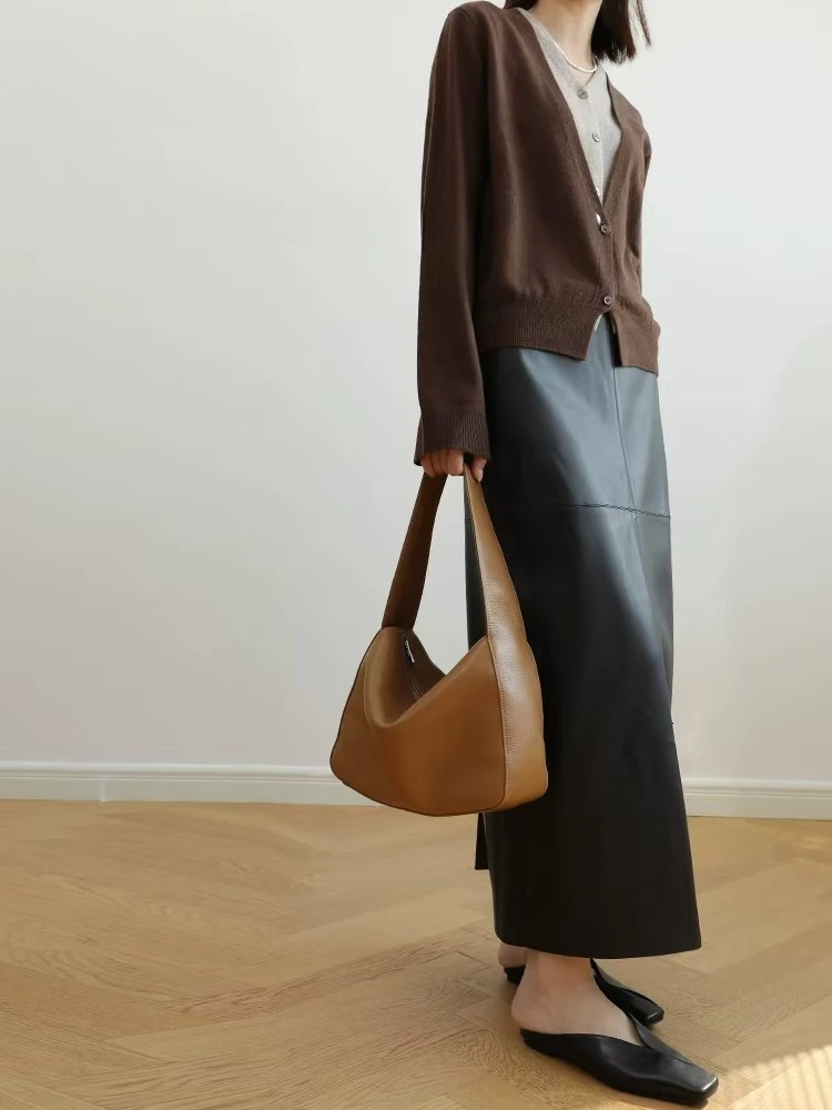 New Simple Soft Top Layer Calf Texture Single Women's Armpit Shoulder Bag Real Cow Leather Handbag Beige