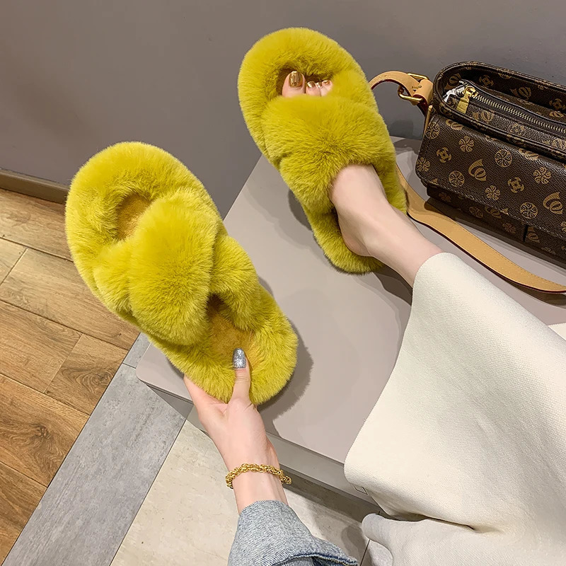 Fashion One Word Thick Fur Slippers Double Fur Slippers Casual Home Cotton Shoes for Women Flat Plush Cross Straps Slippers2025 251031