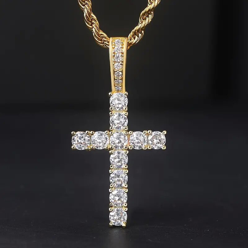 Iced Out White Gold Plated Cubic Zirconia Cross Pendant Necklace With Rope Chain Trendy Hip Hop Cross Faith Pendant Jesus Crystal Necklace For Men Wom
