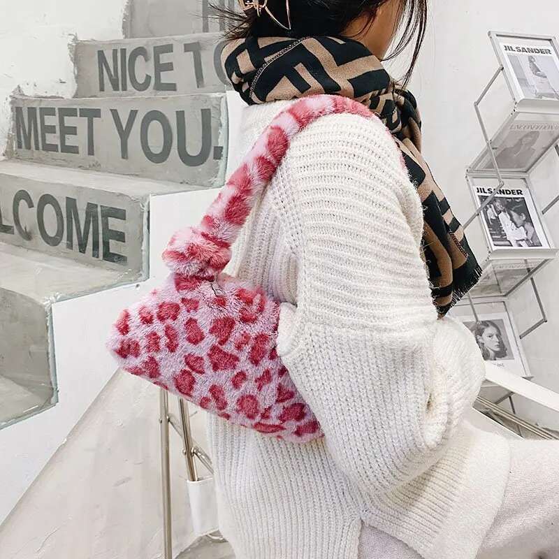 2025 Fashion Women Cow Print Mini Shoulder Female Winter Plush Underarm Leopard Zebra Pattern Fluffy Tote Bags Small Purses