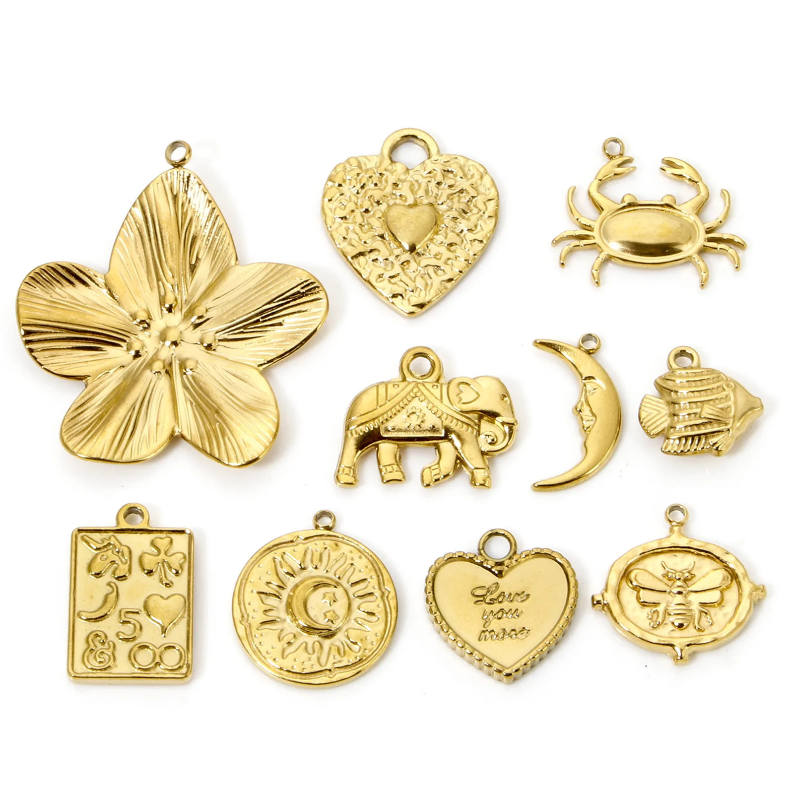 2 pieces of 304 stainless steel charming fish heart flower goldplated mini pendant DIY necklace earrings suitable for womens jewelry making 250325