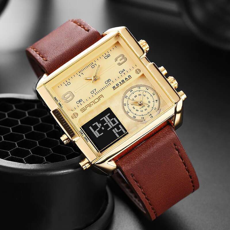 DHwatches Sanda Fashion Casual Men's Multifunctional Waterproof Genuine Leather Strap Electronic Watch Square Personality Large Dial