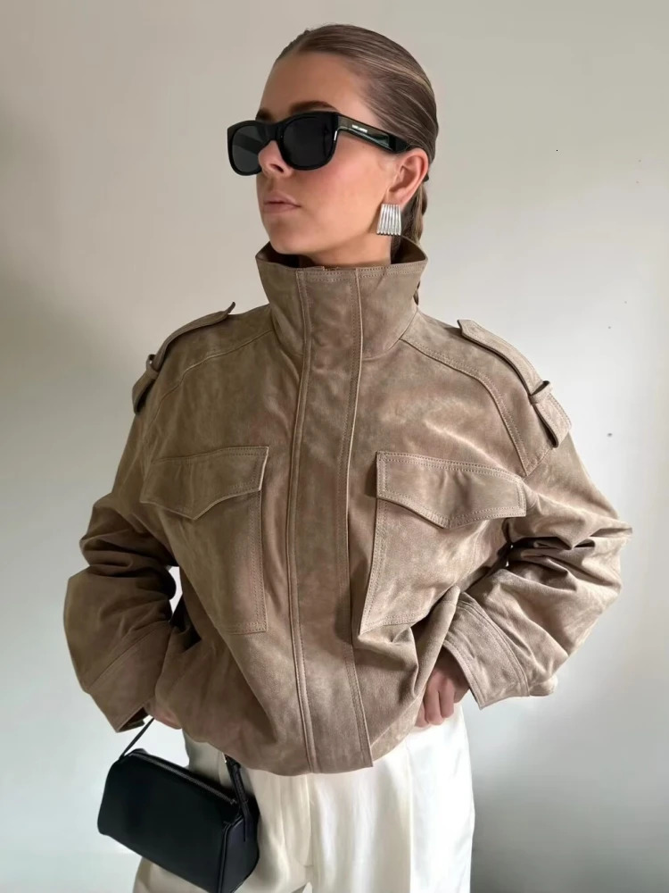 Winter Khaki Suede Leather Womens Jacket Fashion Stand Collar Zippers Pockets Women Coat Autumn Female Vintage Outwear 251104
