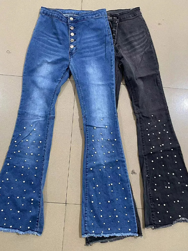 Womens Stretch Flared Jeans Fashionable and Slim Suitable for Hip Lifting Pearl Decorative Denim Unique Street Women Trouser 250403