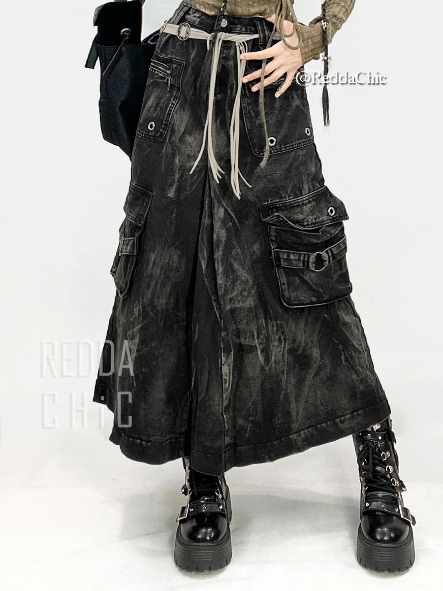 REDDACHIC ICON Womens eyeliner heavy denim goods tight tie dye multi pocket pleats Aline long jeans vintage Grunge street clothes 250324