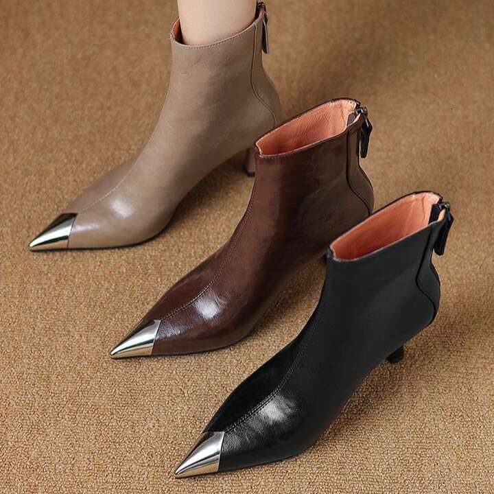 Brown Pointed Metal Toe High Heel Short Stylish Comfortable Boots to dress shoes Designer Shoe for women