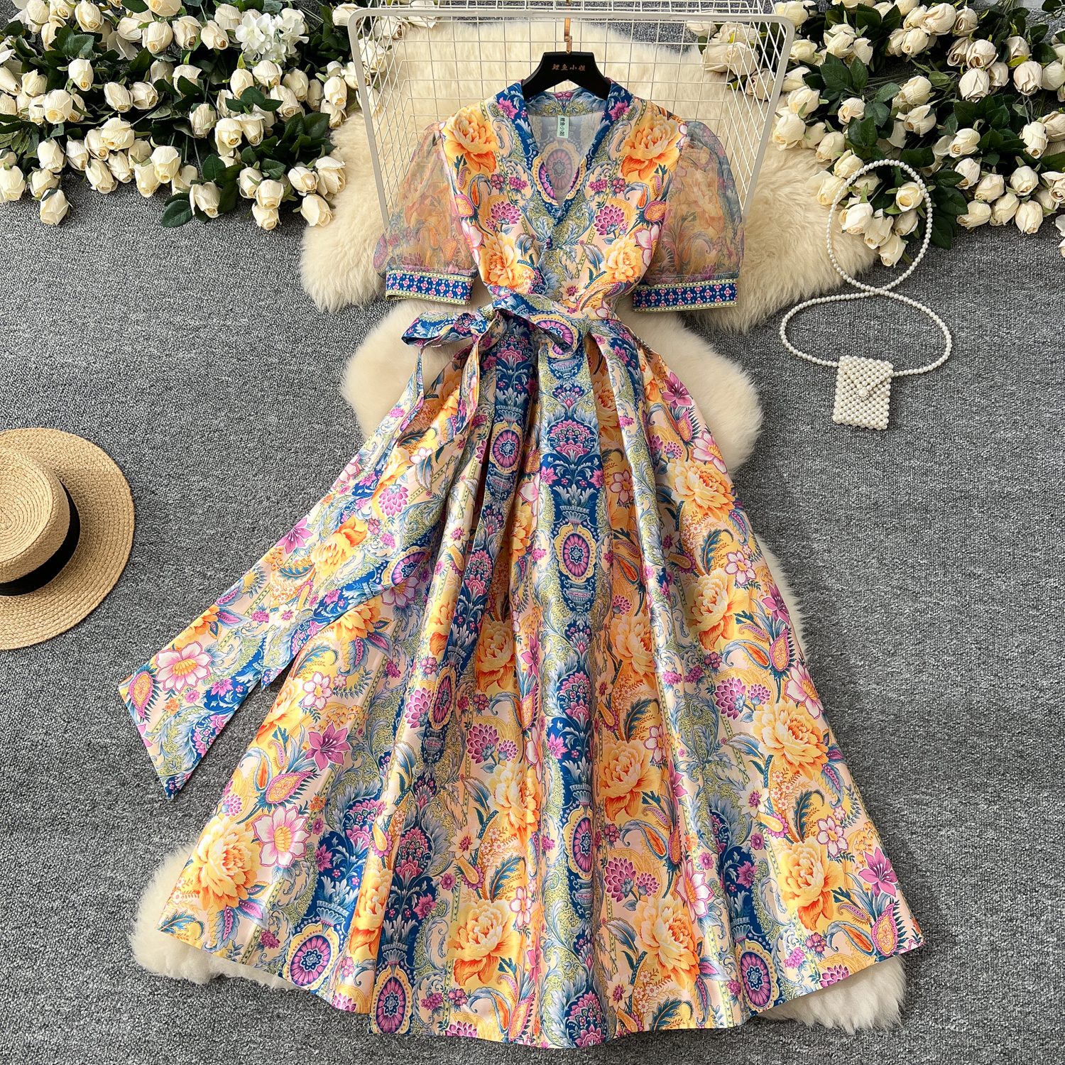 Casual Dresses Summer French Gorgeous Flower Holiday Long Dress Women's V-Neck Short Puff Sleeve Lace Up Vintage Maxi Robes Party Vestidos Clothe
