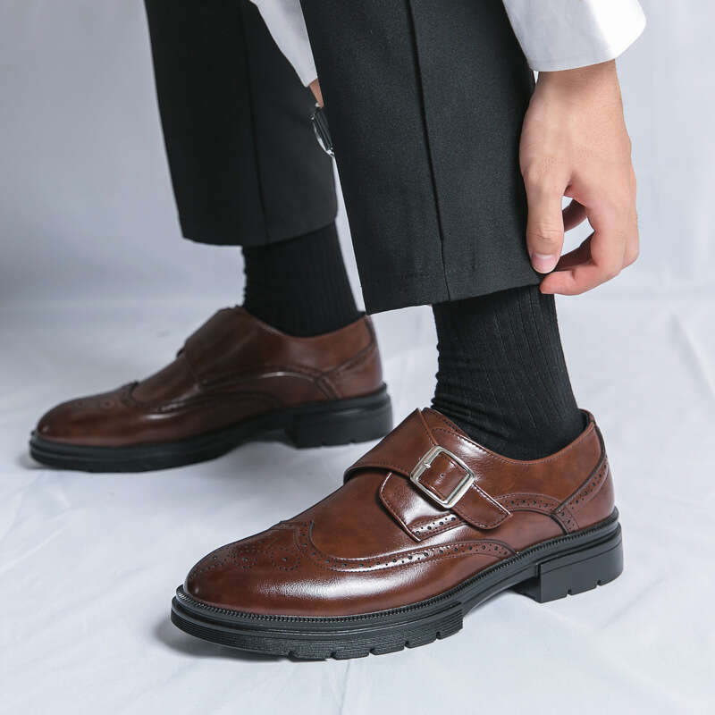 Large Block Leather for Men's 38-46 Business Dress Buckle Thick Sole Heightened Dad's Driving Shoes