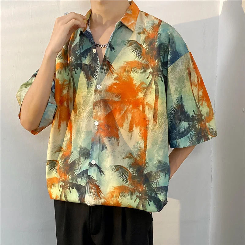 Plus size mens Hawaiian tropical print loose beach shirt short sleeved casual mens shirt 250403