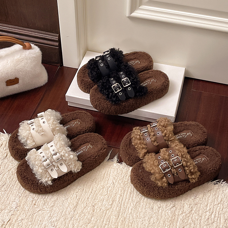 2025High-end belt buckle thick-soled wool slippers women's new retro versatile fleece warm home slippers