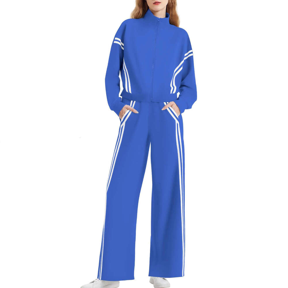 Cross-Border Ladies Two-Piece Casual Wear Zipper Sports Suit Contrast Color Stripe Wide-Leg Jogging Pants Travel Sportswear