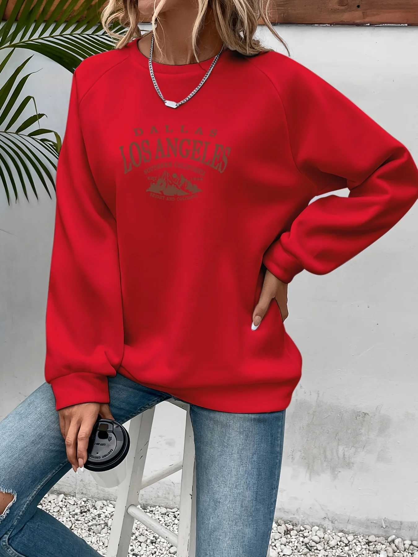 Womens autumn and winter casual wide pine mountain and letter pattern print warm and velvet long sleeved round neck sweatshirtT251105