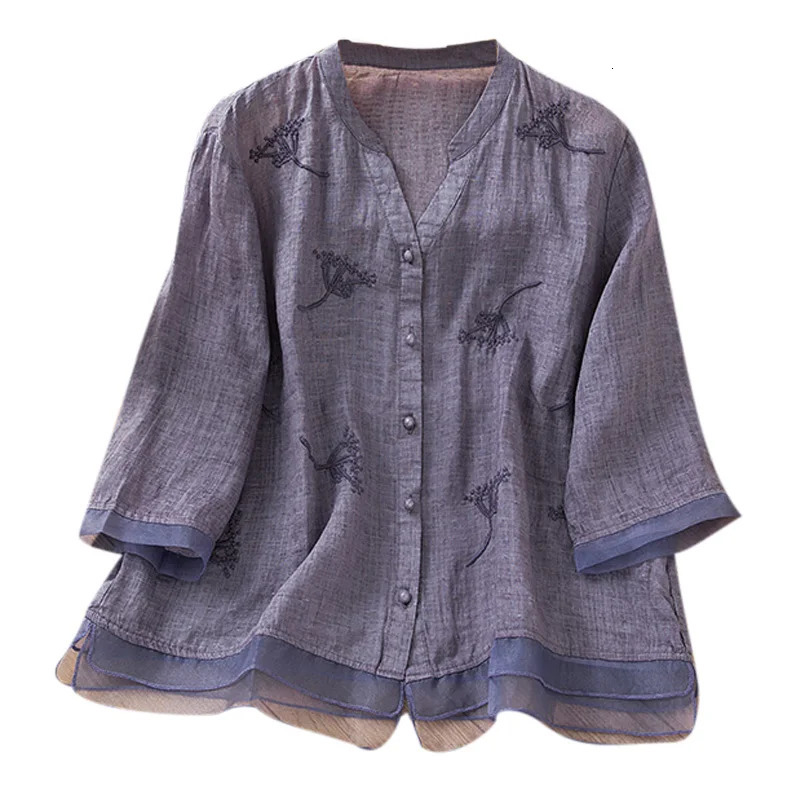 Chinese Style Womens Shirt Cotton Linen Vintage Blouses Loose Embroidery Clothing Short Sleeves Summer Women Tops 250402