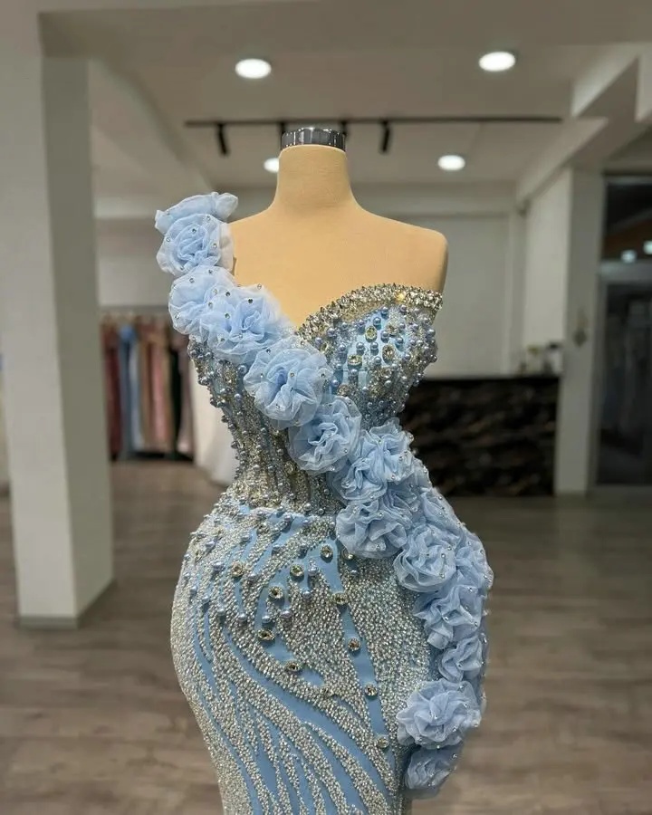 Luxury Evening Dresses For Women Sweetheart Neck One Shoulder Gown Beaded Crystal Sequins Sweep Train Dress Party Custom Made