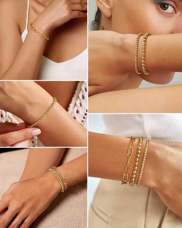Gold Plated Beaded Braceletfor Women Stainless Steel Stackable Stretchable Bead Ball Bracelet HypoallergenicXJ251105