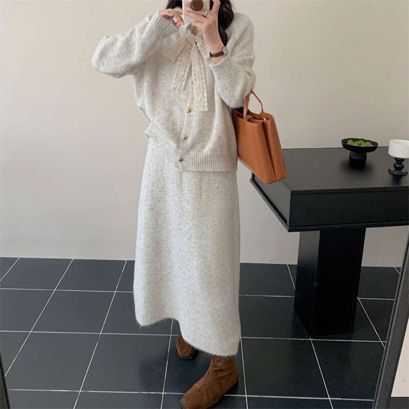 Gentle Temperament for Women, Autumn and Winter 2025 New Lace-Up Sweater A-Line Knitted Skirt Solid Color Two-Piece Set