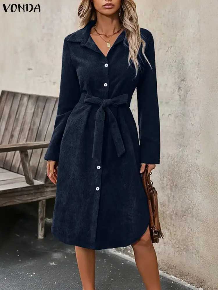Plus Size 5XL VONDA Women Elegant Corduroy Dresses 2025 Autumn Long Sleeve Solid Midi Vestidos Casual Streetwear Party Robe J251105