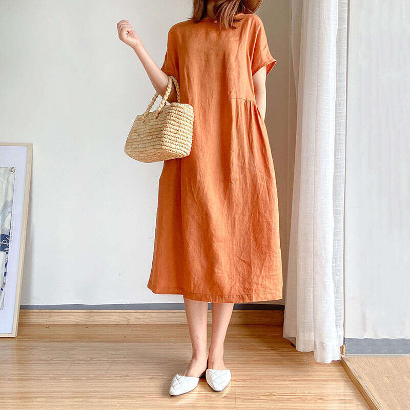 Japanese And Korean Simple Artistic Style Loose Slimming For Women Summer New Plus Size Fat MM Mid-Length Dress B5
