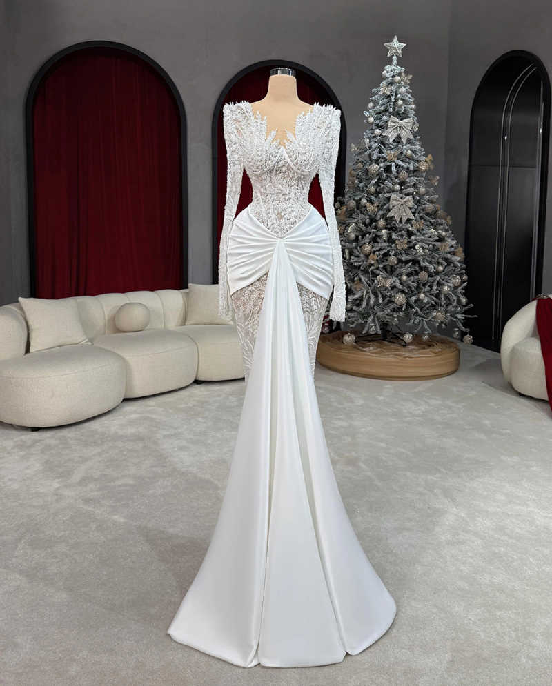Elegant Mermaid Wedding Dresses V Neck Long Sleeve Beaded Pearl Appliques Formal Occasion Celebrity Dresses Customized