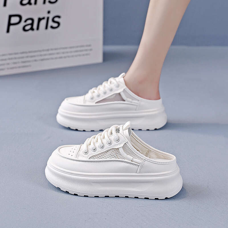 Thick soled half support slippers women, versatile and casual for outdoor wear, 2025 summer new breathable Baotou white shoes KT-2661