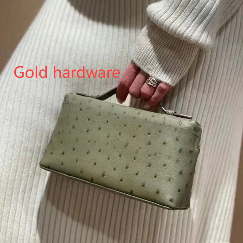 Designer Double Zipper Fine Ostrich Rectangular Handbag Grain Luxury Lychee Pattern Detachable Classic Women Mini Lunch Box Bag Cosmetic Bag
