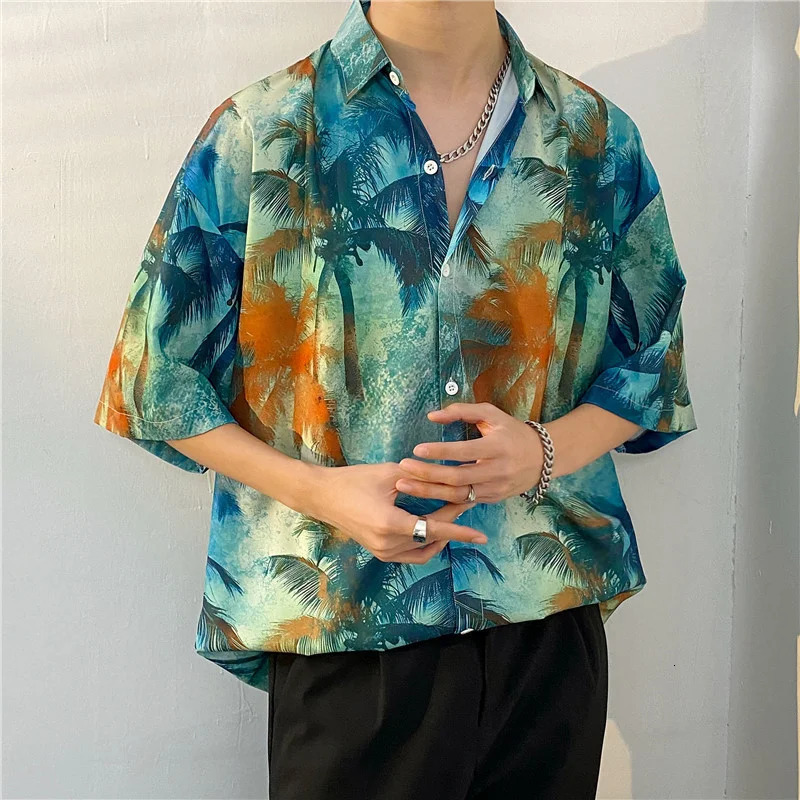 Plus size mens Hawaiian tropical print loose beach shirt short sleeved casual mens shirt 250403